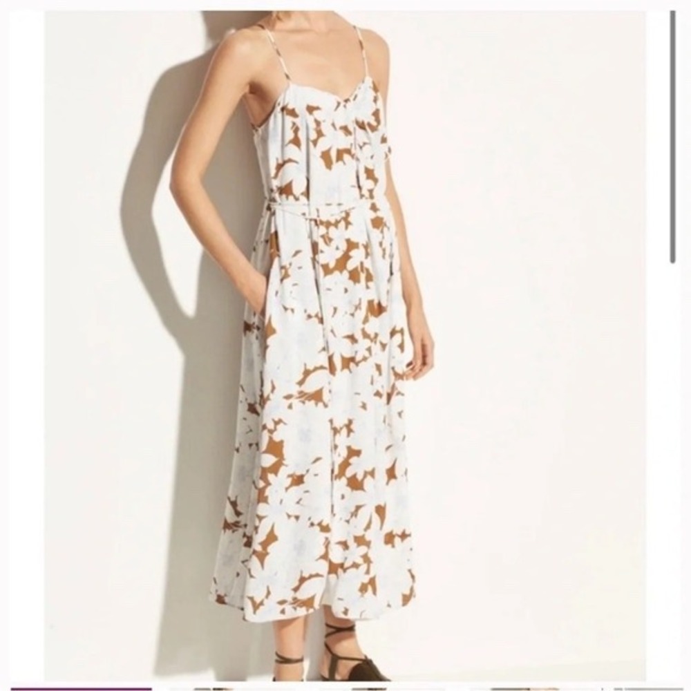 Vince Floral Twist Front Maxi Dress‎ White Brown Blue Spaghetti Strap M